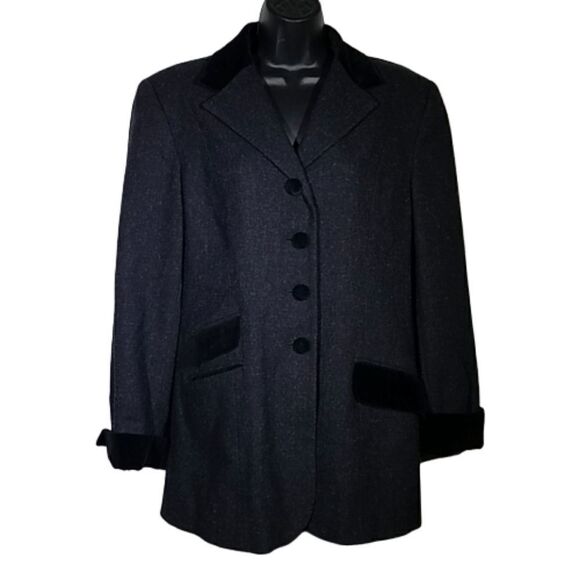 Vintage 80s Grey Wool Black Velvet‎ Trim Peacoat Md Made in Ukraine